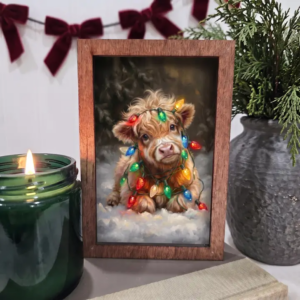 4x6 Wood Block Sign Art- Baby Highland Cow Christmas Lights