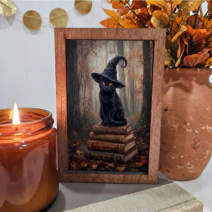 4x6 Wood Block Sign Art- Black Cat Books Fall Halloween