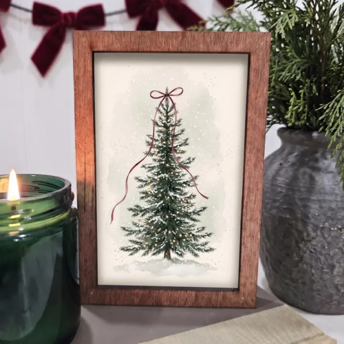 4x6 Wood Block Sign Art- Simple Christmas Tree with Red Bow