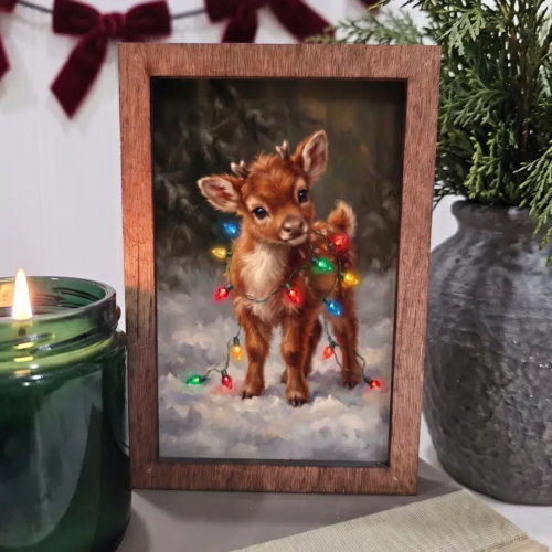 4x6 Wood Block Sign Art- Baby Reindeer Christmas Lights