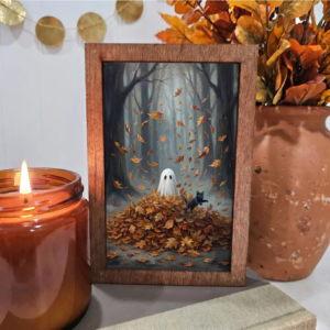 4x6 Wood Block Sign Art- Fall Ghost Cat in Leaves Halloween