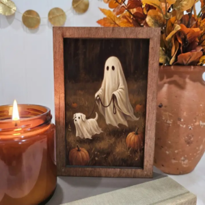 4x6 Wood Block Sign Art- Ghost Walking Ghost Dog Halloween