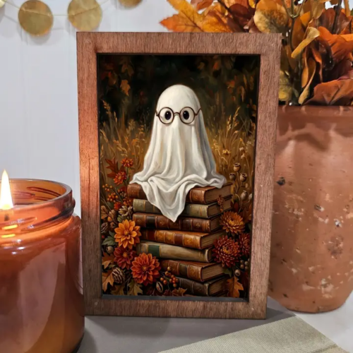 4x6 Wood Block Sign Art- Ghost Glasses On Books Halloween