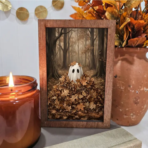 4x6 Wood Block Sign Art- Fall Ghost Poking Out of Leaves
