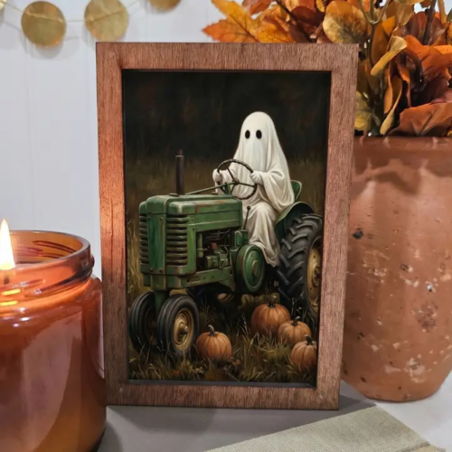 4x6 Wood Block Sign Art- Ghost On Tractor Fall Halloween