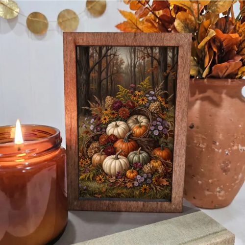 4x6 Wood Block Sign Art- Fall Pumpkins Flowers in Baskets