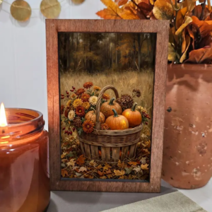 4x6 Wood Block Sign Art- Fall Pumpkins and Mums in Basket