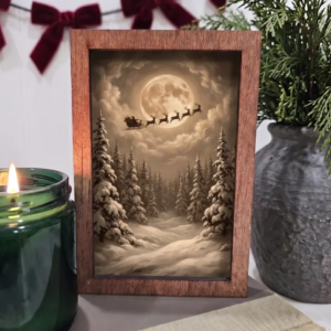 4x6 Wood Block Sign Art- Neutral Santa and Reindeer Flying