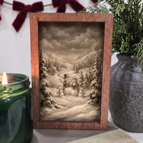 4x6 Wood Block Sign Art- Neutral Snowman Family Christmas