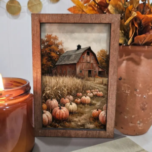 4x6 Wood Block Sign Art- Red Barn Fall Pumpkins
