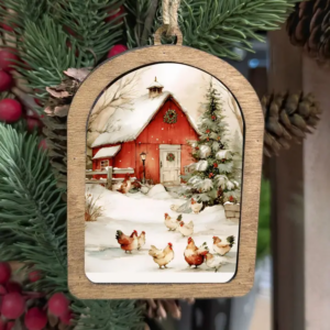 Canvas Arch Ornament Cozy Christmas Chickens