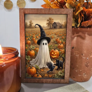 4x6 Wood Block Sign Art- Pumpkin Patch Ghost Cat and Crow