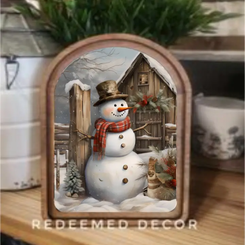 Arch Top Rustic Snowman Framed Art