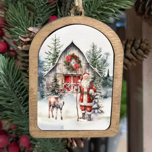 Canvas Arch Ornament Santa Barn Reindeer
