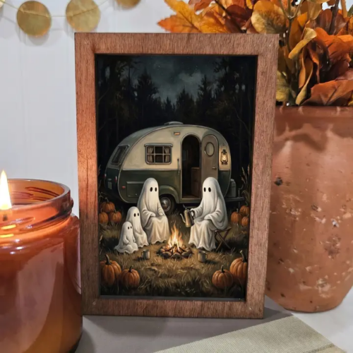 Wood Block Sign Art- Ghosts Camping Fall Halloween