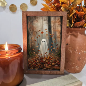 Wood Block Sign Art- Fall Ghost in Circle of Leaves