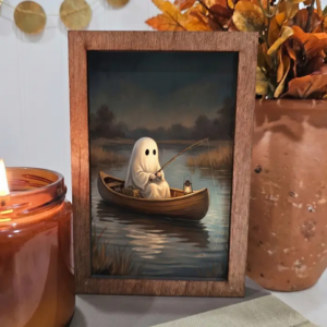 Wood Block Sign Art- Ghost Fishing Canoe Fall Halloween