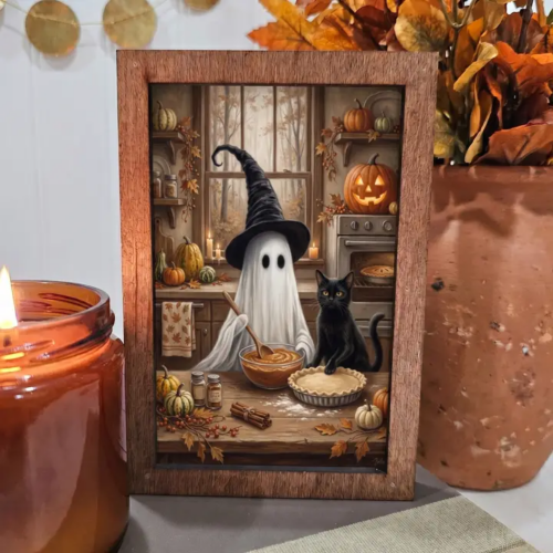 Wood Block Sign Art- Ghost and Cat Baking Pies Halloween