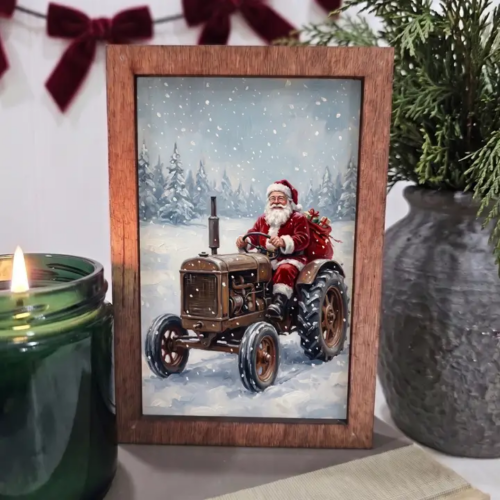 Wood Block Sign Art- Santa On Tractor Christmas