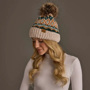 Beige & Multicolored Patterned Chenille Pom Hat