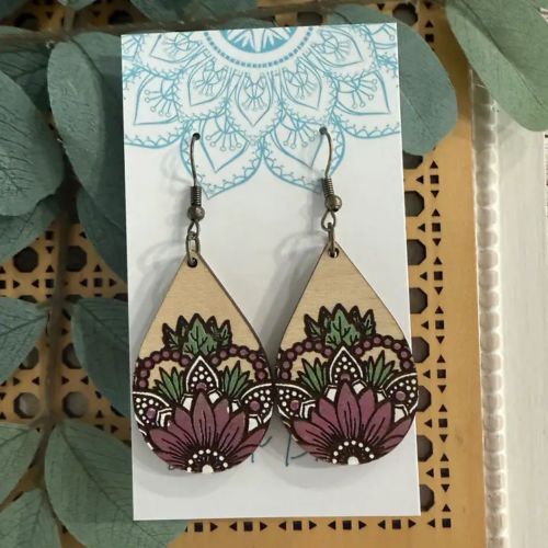 Boho Hand Painted Lightweight Maple Wood Earrings