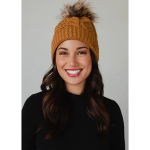 Camel Cable Knit Pom Hat