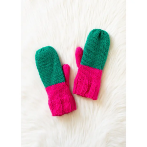 Green & Pink Color Block Knit Mittens