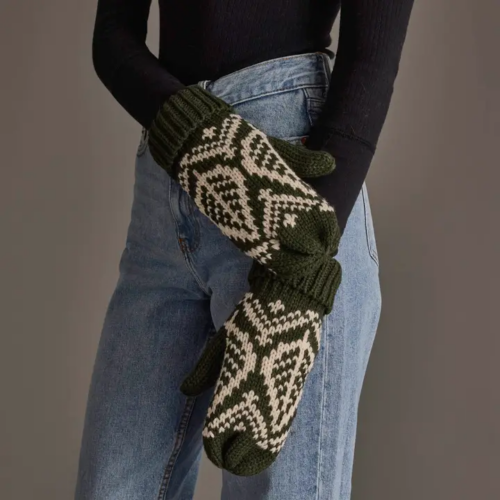 Olive & Beige Patterned Knit Mittens