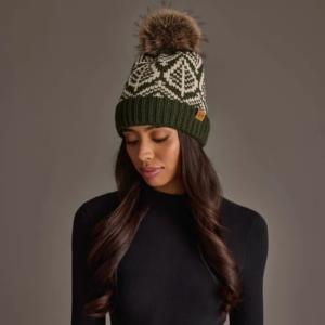 Olive & Beige Patterned Knit Pom Hat