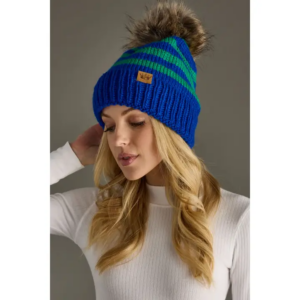 Royal Blue & Green Striped Pom Hat