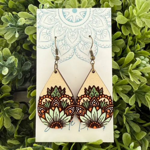 Boho Hand Painted Lightweight Maple Wood Sunflower Earring